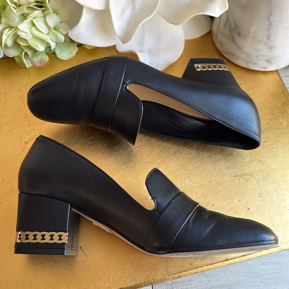 Tamara Melon Gold Chainlink Embellished Block Heels in Black Leather